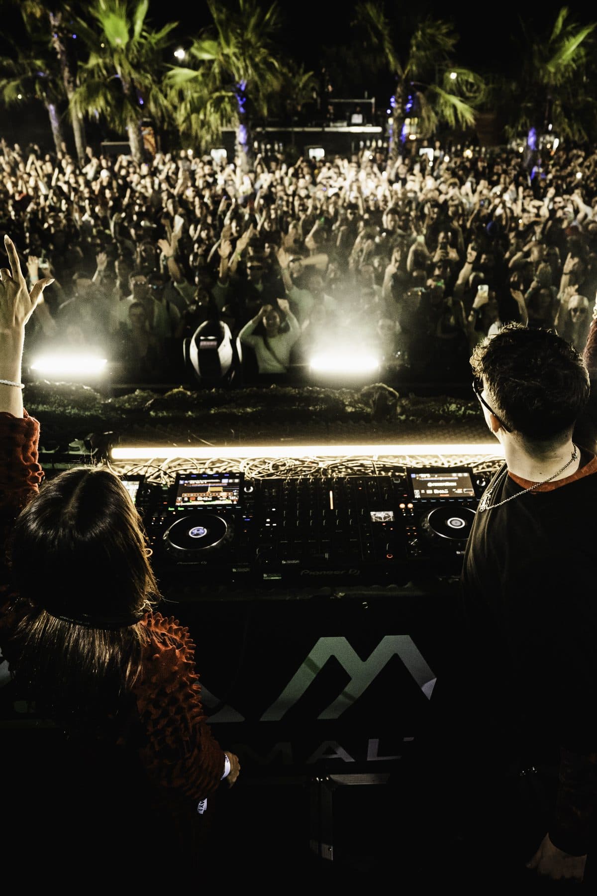Two DJs at the booth seen from behind, facing a floodlit night crowd under palm trees.