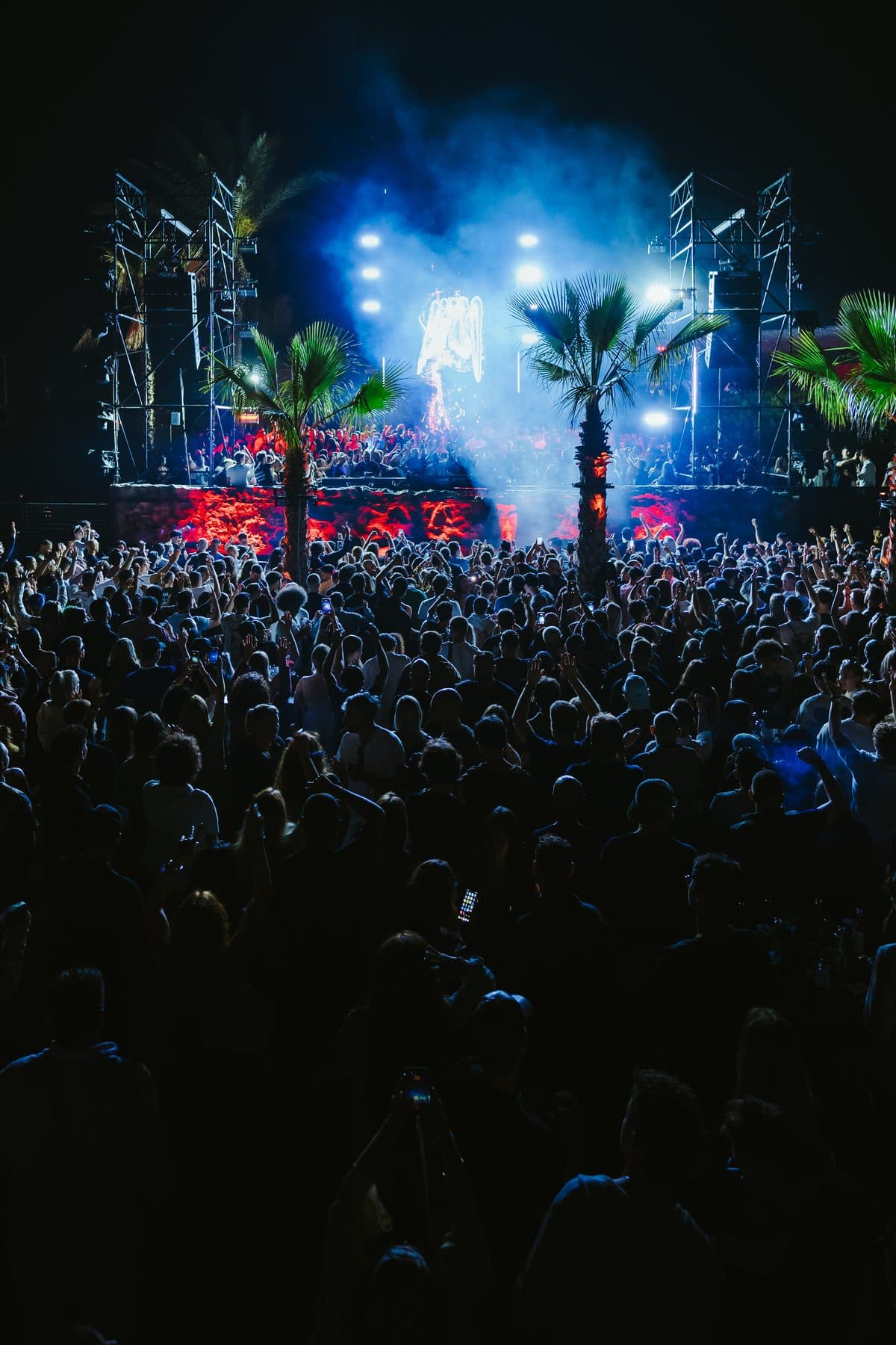 A wide night crowd facing a stage lit blue and white, palm trees rising out of the middle of it.